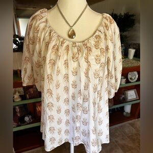 Old Navy Cream and Tan Leaf Print Blouse Boho Chic Cottagecore Peasant